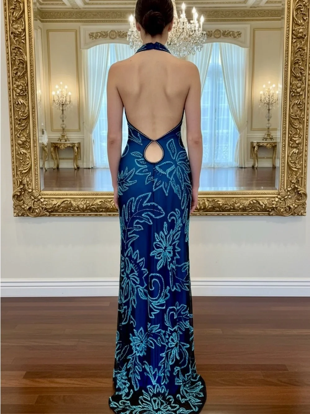Elegant blue lining‎ w/black net overlay hand beaded Halter Evening Gown stretch